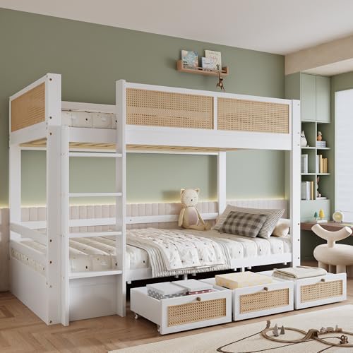 Gxffipw Etagenbett Kinderbett 90x200 cm mit Rausfallschutz und 3 Schubladen, Jugendbett Hochbett mit Leiter und Rattanzaun-Design, Holzbett Bettrahmen mit Lattenrost, Weiß+Natur, Ohne Matratze