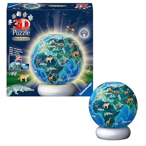 Ravensburger 3D Puzzle Erde mit Tiermotiven - 3D Puzzle Kinder ab 6 Jahren - Puzzle-Ball mit LED Nachtlicht als Nachttischlampe für Kinder - Kinderglobus Geschenke für Mädchen und Jungen - 12008055