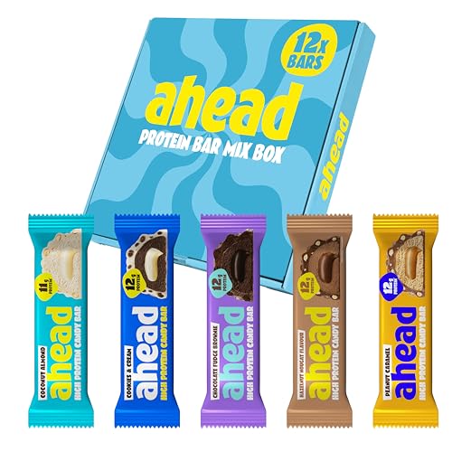 ahead Protein Riegel | Mix Box | 12 x 45g Extra softer Protein Riegel mit cremigem Kern | Low Carb Eiweißriegel ohne Zuckerzusatz & ohne Palmöl
