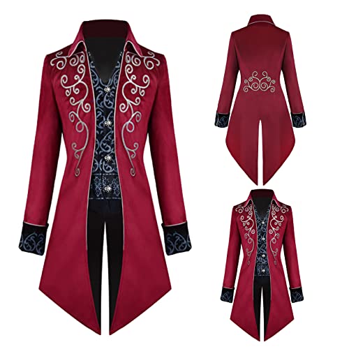 TTOKGZG Herren Steampunk Frack Mantel, Vintage viktorianischen Gothic Frack Mittelalter Renaissance Jacke Cosplay Halloween Kostüm(Rot,XXL)