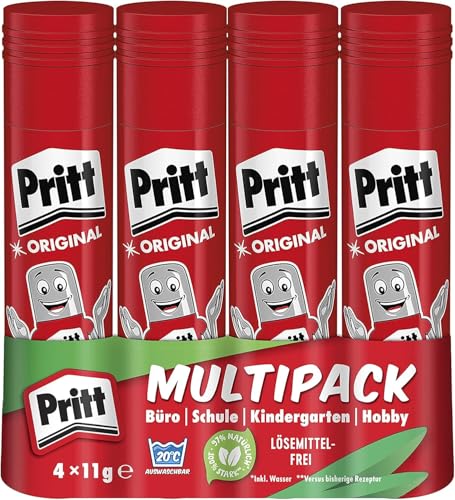 Pritt Klebestift, sicherer und kinderfreundlicher Kleber für Kunst und Bastelarbeiten, starker Klebstoff für Schule & Bürobedarf, 4x11g Pritt Stift