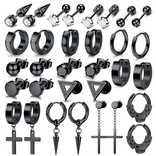 Dochais 16 Paar Ohrringe Herren Edelstahl Ohrstecker Set Ohrring Creolen Hypoallergen Zirkonia Ohrstecker Kreuz Baumelnde Ohrring Gothic Piercing Knorpel Ohrringe Schwarz für Männer Damen