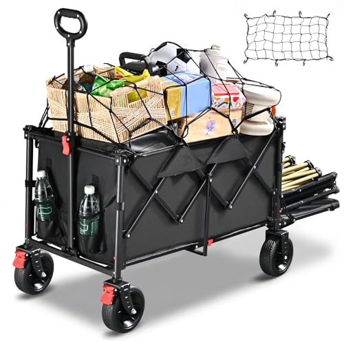YEAUPE PRO Bollerwagen Faltbar XXL – Kapazität 160-240L, Belastbar bis 200 kg – Strandwagen mit Bremsen und Becherhalter – Elastisches Sicherheitsnetz inklusive – Schwarz