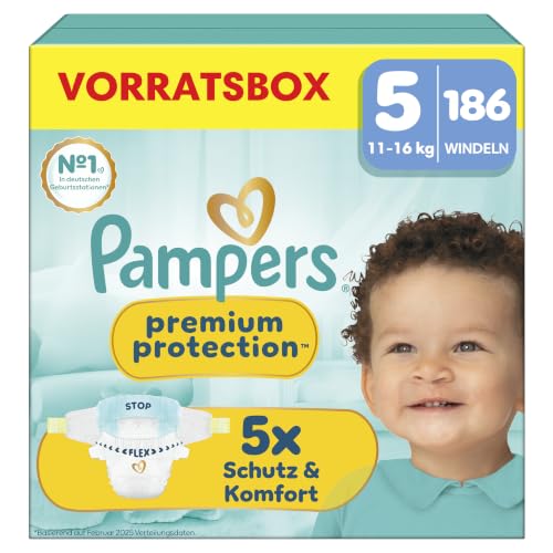 Pampers Premium Protection Größe 5, 186 Windeln, 11kg-16kg
