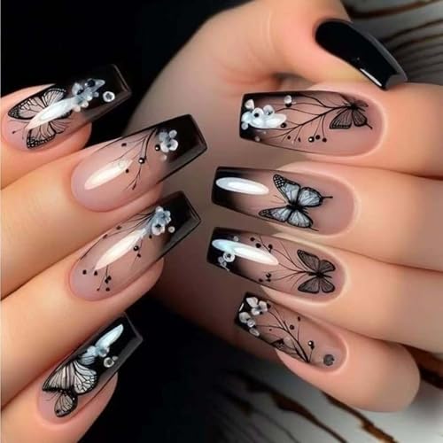 Xanthelle Press On Nails, 24 Stück Kunstnägel Zum Aufkleben in Dunklem Schmetterlingsdesign, Kurze Fingernägel für Halloween, Künstliche Nägel Schwarz