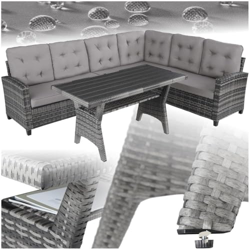 tectake® Gartenbank, Set mit Bank und Esstisch, Rattan Eckbank Outdoor Lounge, Sitzecke wetterfest als Gartenlounge, Balkon Möbel, Wintergarten, Terrasse - grau
