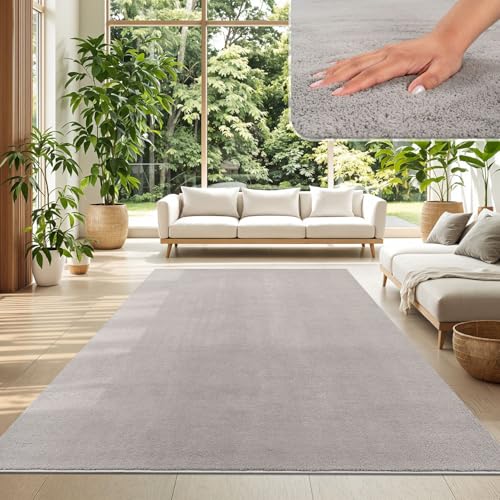 TT Home Wohnzimmer Teppich Kurzflor Anti-Rutsch Rückseite Unifarben Modern Waschbar, Farbe: Grau, Größe:140x200 cm
