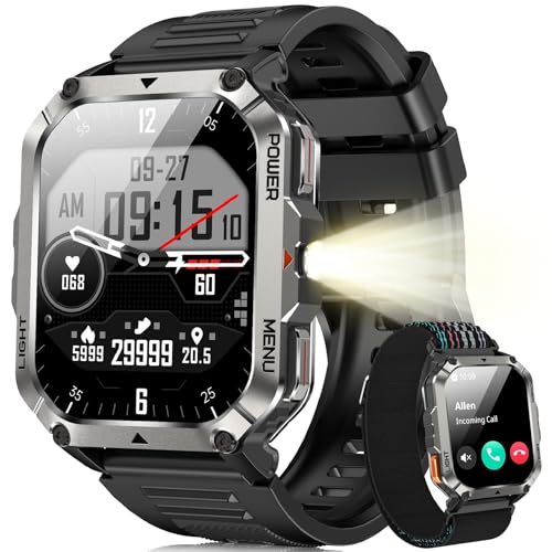 Blackview Smartwatch Herren mit 900mAh, Bluetooth-Anrufe/Kompass/LED-Beleuchtung/2 Armbänder (Silikon/Nylon), Sportuhr mit Puls-Schlaf-Schritte-Kalorien-Kilometer-Monitor, Fitnessuhr für Android iOS
