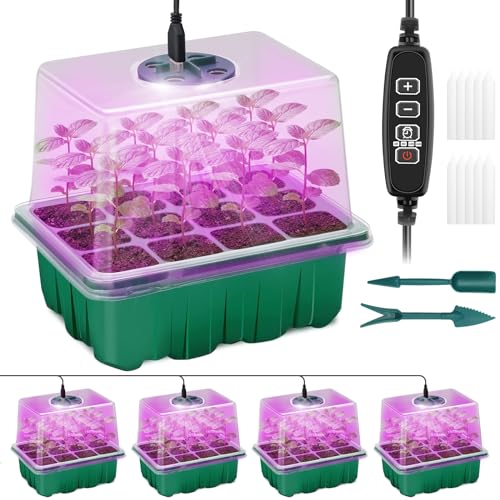 Qoolife Zimmergewächshaus Anzuchtkasten, 4 Stück Mini Gewächshaus Anzucht Set mit erhöhten Deckel, Setzling Starter mit Pflanzenlichter mit vollem