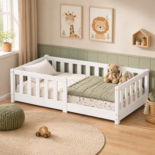 Easy Act Kinderbett 70x140 cm Weiß – Bodenbett aus Massivholz Kiefer mit Lattenrost & Rausfallschutz – Montessori Bett für Kinder, Mädchen & Jungen, stabiles Holzbett/Einzelbett