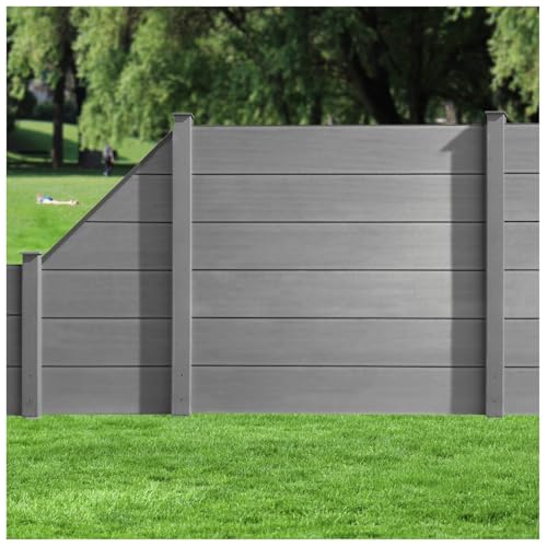 HORI WPC XXL Sichtschutz-Zaun, Steckzaun, Gartenzaun Komplettset beidseitig glatt 1x Schräg + 1x kl. Pfosten zum Aufschrauben Zaun: Grau I Pf.: Grau