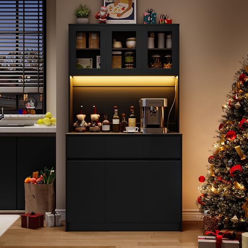 Wumagin Küchenschrank Buffetschrank mit L-E-D Sideboard für Küche mit Ladestation,Hochschrank mit Arbeitsplatte und 3 Schubladen Küchenbuffet mit Verstellbares Regal für Esszimmer