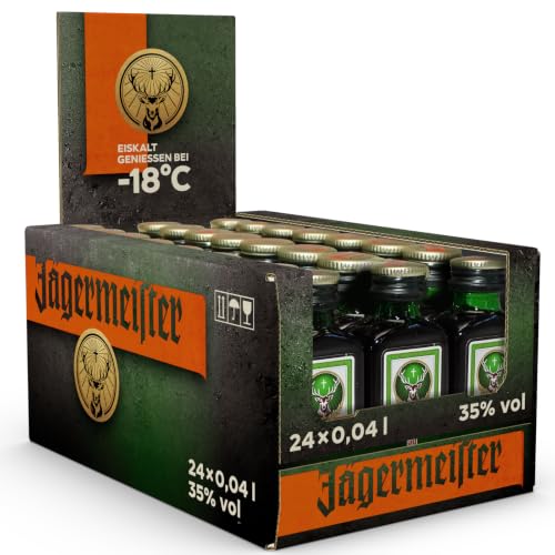 Jägermeister – 24 x 0,04l Premium Kräuterlikör Shots 35% Vol. als Party Geschenk – Aus 56 erlesenen Kräuter – Im Eichenfass gelagert – Das Original aus Wolfenbüttel