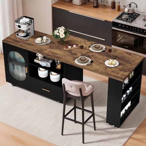 IBF Kücheninsel Freistehend mit Arbeitsplatte Auf 7 Rollen Küchenschrank Küchenwagen Moderne Mobile Kücheninsel Mit 360 Grad Drehbarer Holzplatte und Schublade Für Esszimmer Vintagebraun Schwarz 184cm