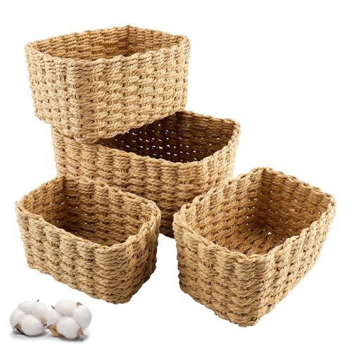 Zosenyer Aufbewahrungskorb Geflochten, 4er Stapelbarer Badezimmer Körbe Aufbewahrung, Storage Basket für Wohnzimmer Küchen Kinderzimmer Bad, Geeignet Als Windel Organizer und Besteckkorb (Coffee)