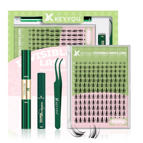 KEYYOU LASH Fairy Lash Clusters Kit Manga Wimpernverlängerung Kit D Curl 144Pcs Wimpernverlängerung Kit Wispy Natürliche unsichtbare Band Wimpern Kit(Fairy Kit-D-8-16MIX)