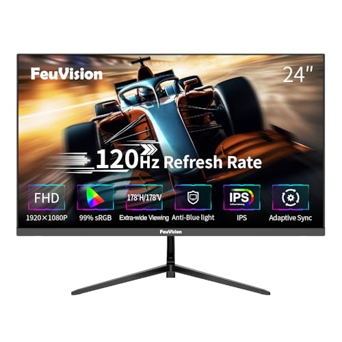 FeuVision 24 Zoll Monitor, 120Hz, FHD 1080p, IPS Panel, Gaming Monitor, 4ms, Adaptive-Sync, VESA montierbar, Eye-Care, Rahmenlos Bildschirm, Blaulichtfilter, HDMI, VGA (PS5 unterstützt 60 Hz)
