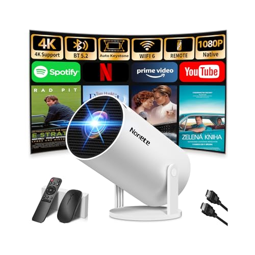 Beamer 4K Projektor Full HD 1080P【2026 Modell】 Mini Beamer mit WiFi 6 und Bluetooth 5.2, Android Tragbarer Projector 270° Dreh mit Auto Keystone für PC/HDMI/USB，mit Maus und Fernbedienung, Weiß