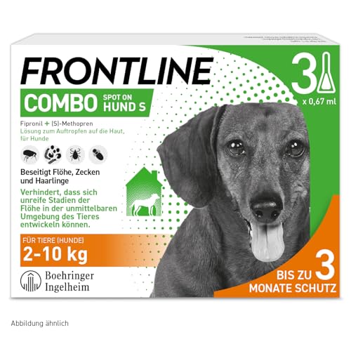 FRONTLINE Combo Hund S gegen Zecken, Flöhe & Haarlinge (kleine Hunde 2 bis 10 kg) - 3X Pipetten für bis zu 3 Monate Schutz - auch gegen Floheier, Larven & Puppen im Haushalt - wasserfest