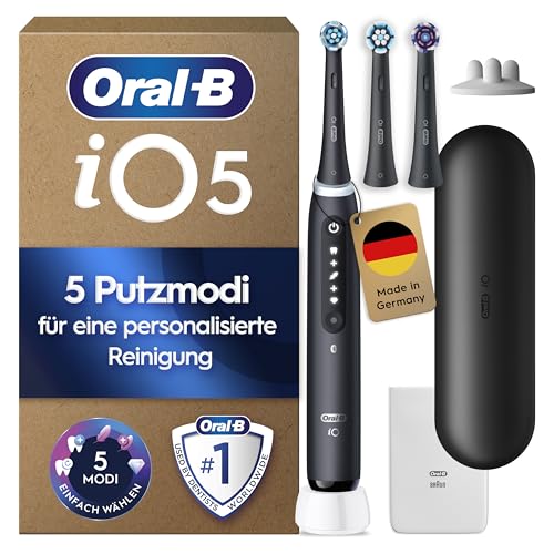 Oral-B iO Series 5 Plus Edition Elektrische Zahnbürste — Electric Toothbrush, Inkl. 3 Aufsteckbürsten und Reise-Etui — 5 Putzmodi für Zahnpflege, Zahnbürste Elektrisch, Designed by Braun, Schwarz