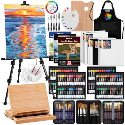 Professionelles 187-teiliges All-in-One-Malset mit Staffelei aus Aluminium und Buchenholz, 96 Acryl-, Aquarell- und Ölfarben, komplettes Malset für Erwachsene, Künstler und Anfänger