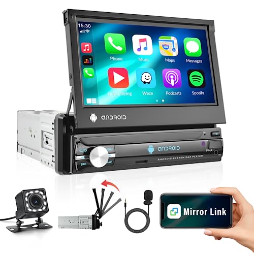 RDS Android 15 Single Din Autoradio mit Bluetooth Freisprecheinrichtung,7 Zoll 1 Din Bildschirm Ausfahrbarem Display mit GPS Navi WiFi Mirror Link FM/RDS Dual USB/Fast Change SWC Rückfahrkamera