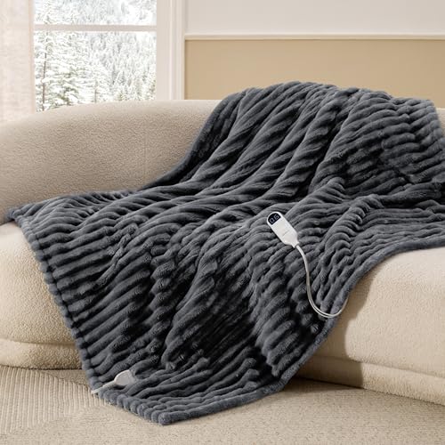 BEDSURE Heizdecke mit Abschaltautomatik 130x180cm - Geschenke für Frauen, Wärmedecke mit 6 Heizstufen & 10 Stunden Timer, bis zu 8 Stunden Überhitzungsschutz für Home & Office, Gestreift Dunkegrau