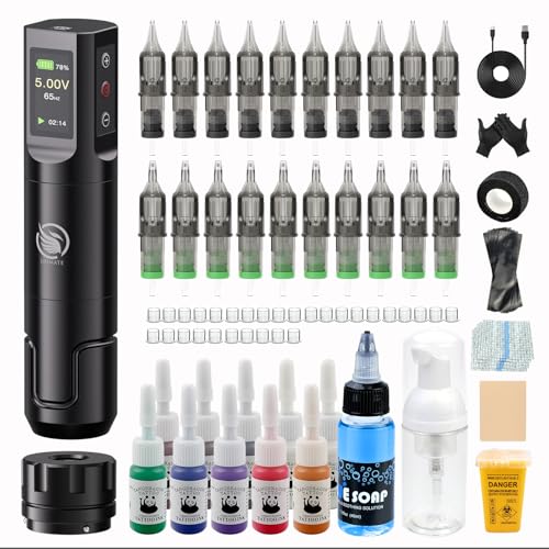 LIUMATE Drahtlose Maschine Set mit 1600mAh LCD Display Batterie kabelloses Stift Gerät Set 20 Stück Nadel 10 Tinte RCA Connector Komplettes Zubehör für Anfänger und Künstler