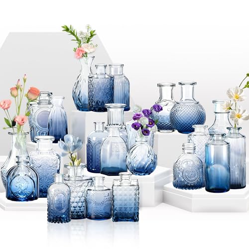 XMTECH 24pcs Mini Vasen Set aus Glas, Kleine Vintage Blumenvasen für Tischdekoration, Hochzeitsdeko, Knospenvasen für Tafelaufsatz, Wohn- und Event-Dekoration, Verlauf Blau