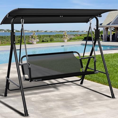 YITAHOME 3 Sitzer Hollywoodschaukel, Metall Outdoor Hollywoodschaukeln mit Liegefunktion, Gartenschaukel mit Verstellbarem Sonnendach für Erwachsene, 270KG Belastbar, 170 x 110 x 153cm, Schwarz