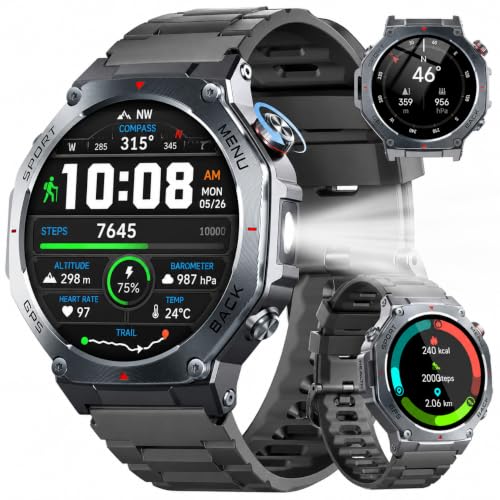 Smartwatch Herren GPS, 2026 Militär Fitnessuhr Sportuhr, 1.43''Fitness Tracker Smart Watch mit 24/7 Herzfrequenz/Schlafmonitor/Schrittzähler, 5ATM Wasserdicht, 170+ Sportmodi Outdoor für iOS Android