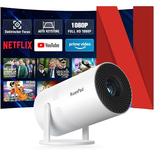 [Netflix-zertifizierter & Elektrischer Focus] Beamer 19000L 1080P Mini Beamer mit WiFi & Bluetooth Projektor mit 210° drehbarer Stand, Automatische Trapezkorrektur, Staubfilter & Wärmeableitungssystem