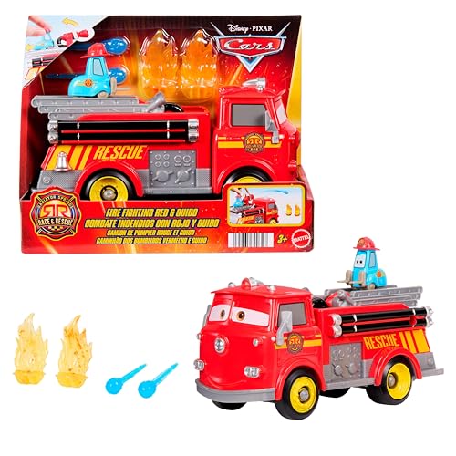 Mattel Disney Pixar Cars Feuerwehrauto, Radiator Springs Rennen & Retten Feuerwehrauto Red und Guido, 2 Flammenziele und 2 Wassergeschosse aus Kunststoff, JFL54