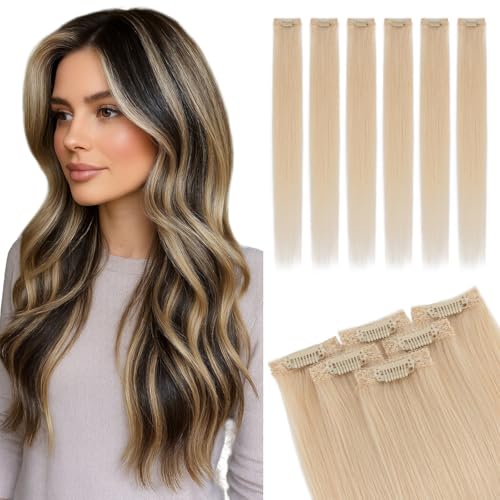 MY-LADY Clip in Extensions Echthaar 6 Stück, 25cm Haarverlängerung Natürlich, Single Clip Hair Extension Highlights für Frauen Damen Glatt Platinblond(#60, 31g)