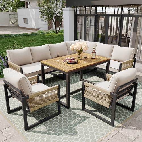 Merax Gartenmöbel Set 7-8 Personen, Lounge Sitzgruppe Outdoor mit Sofatisch & 2 Einzelsofa, Ecksofa-Set aus Metal & Seile, für Garten Balkon Terrasse, inkl. Kissen, wetterfest Gartenlounge Set, Beige