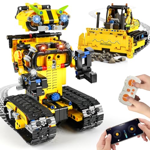 HiWEEGO Technik Ferngesteuert Roboter für Kinder - 730 Teiles 2-in-1 APP Fernbedienung Bausatz RC Robot Bulldozer Technic Programmierbare Bauspielzeug Wiederaufladbar Geschenk für Jungen Mädchen 8-12