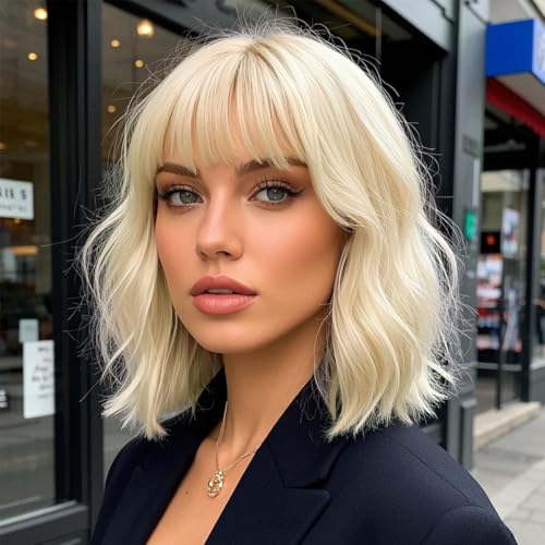 PARXITN Kurze Bob Perücke Damen mit Pony Natürliches Platin Blond Perücke Karneval Haar Bunt Täglich Party Halloween Cosplay Gewellte Lockige Perücken Fasching für Frauen