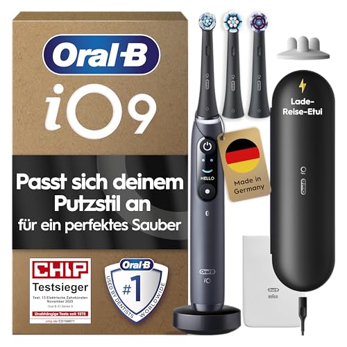 Oral-B iO Series 9 Elektrische Zahnbürste — Electric Toothbrush, Inkl. 3 Aufsteckbürsten — 7 Modi für Zahnpflege, CHIP Testsieger (11/25), Designed by Braun, Schwarz