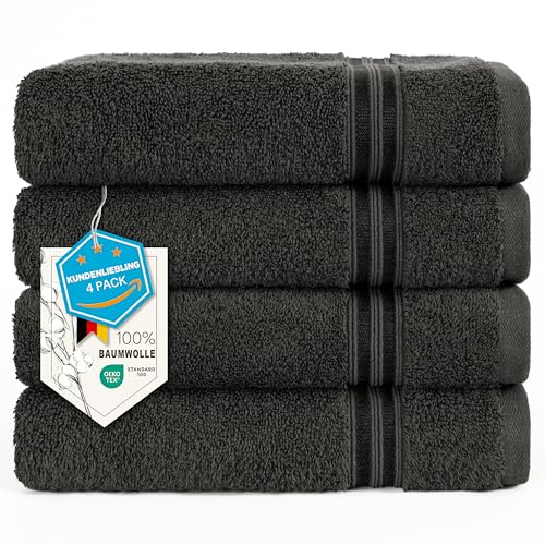 Hammetex 4er Badetuch Set, 100% Baumwolle Premium Qualität Groß 50x100cm Handtuch, Weich Saugstark Schnell Trocknendes Händehandtuch, Anthrazit