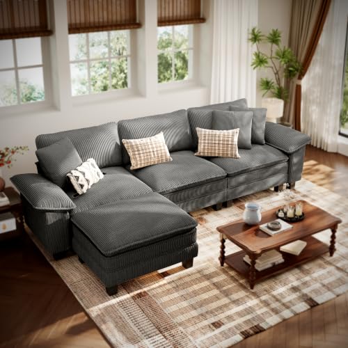 PHI VILLA Ecksofa-Set L-Form Couch 4-Sitzer-Sofa mit tiefer Sitzfläche 315 cm Modulare Sofas inklusive Zierkissen und beweglicher Ottomane für das Wohnzimmer Cordstoff Grau