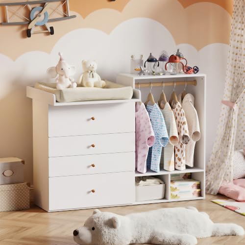MSFE Wickelkommode Wickeltisch, Kleiderschrank Für Kinderzimmer,Vielseitiger Wickeltisch für flexiblen Einsatz als Wickel- oder Aufbewahrungsmöbel, Keine Wickelunterlage enthalten, 150x112x38cm