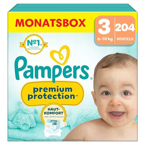 Pampers Premium Protection Größe 3, 204 Windeln, 6kg-10kg, Doppelter Schutz für die Haut und vor Auslaufen