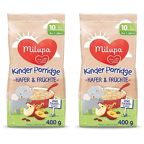 Milupa Kinder-Porridge – Hafer- & Früchtebrei ab dem 10. Monat bis 3 Jahre, Babynahrung, 1x 400 g (Packung mit 2)