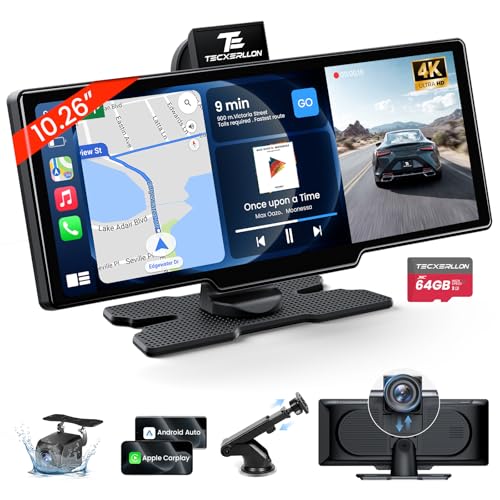 10,26 Zoll Wireless Carplay & Android Auto, Apple Car Play Display mit 4K Dashcam&1080P Rückkamera, Android Auto Display mit GPS Navigation, Mirror Link AUX FM 64G TF