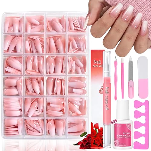 Falsche Nägel Tips Set - 360 Stück Rosa Farbverlauf Weiß Falsche Nägel Zum Aufkleben - 15 Größen Ballerina Künstliche Nägel Fingernägel mit Nagelöl Stift für Nail Extensions DIY (Pink Ballerina)