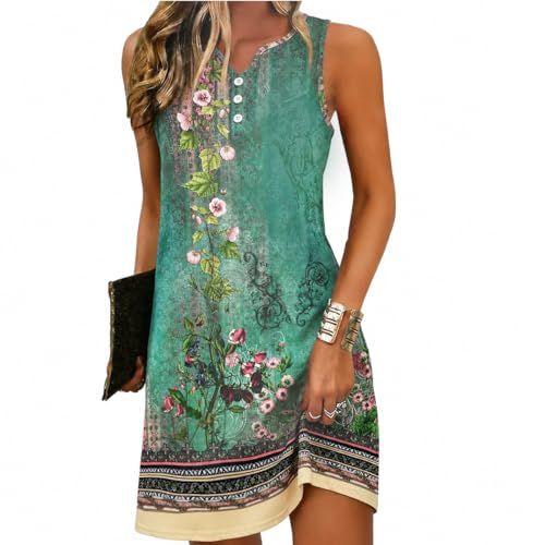 Yeenily Damen Bohemian Ärmellos Kleid V-Ausschnitt Blumenmuster Tunikakleider A Linien Lose Lässiges MiniKleid Freizeitkleid(Ärmellos Grün,L)