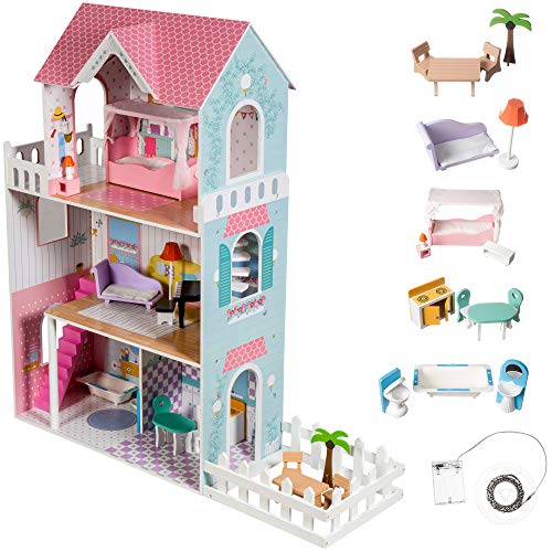 mamabrum Puppenhaus Holz XXL 123 cm mit LED – Großes Puppenhaus ab 3 Jahre mit Möbel & Garten – Doll House mit Licht & Zubehör – Kreatives Spielhaus für Mädchen