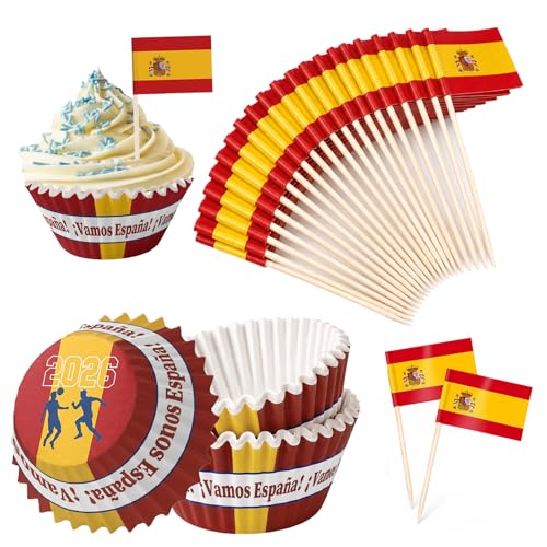 HOMAVEL 200er Set Muffinförmchen & Zahnstocher-Fähnchen Spanien - 100 Cupcake Papierbackförmchen + 100 Party-Picker Flaggen, WM 2026 Fußball Deko für Backen, Fingerfood, Käse & Geburtstag