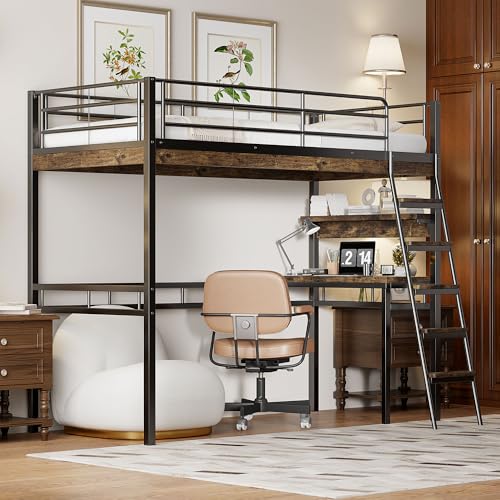 NovaFurnish Hochbett, 90x200cm, Ohne Matratze, Bett mit Schreibtisch, Regale, Geländer, Leiter, Eisenrahmen, Schwarz