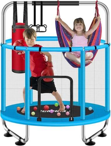 ZCMHAXJ Ø140 cm Trampolin Kinder mit Sicherheitsnetz – 200 kg Tragkraft, Trampolin Indoor/Outdoor – Mit höhenverstellbarer Turnstange & 5 Spielzeugen